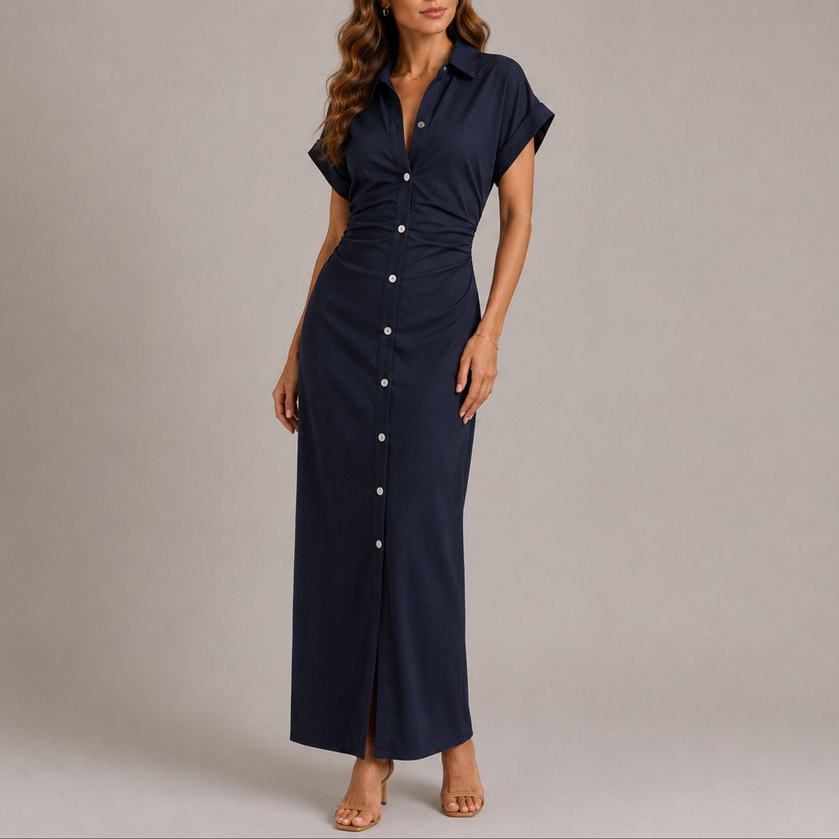 Scarlett | Women's Fall Wedding Guest Maxi Shirt Dress Ruched Button-Down