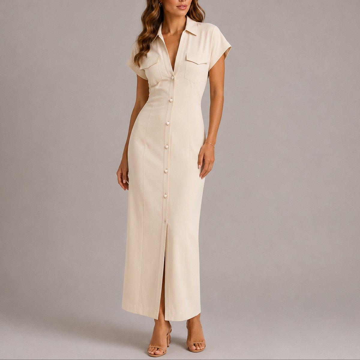 Scarlett | Women's Fall Wedding Guest Maxi Shirt Dress Ruched Button-Down