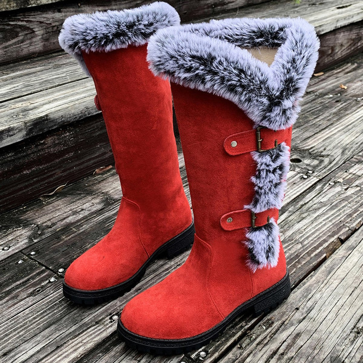 Freya | Women's Faux Suede Faux Fur Trim Buckle Knee High Boots