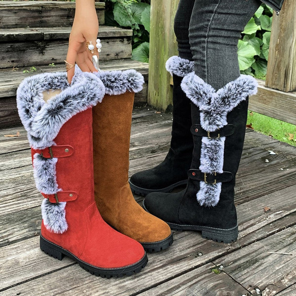 Freya | Women's Faux Suede Faux Fur Trim Buckle Knee High Boots