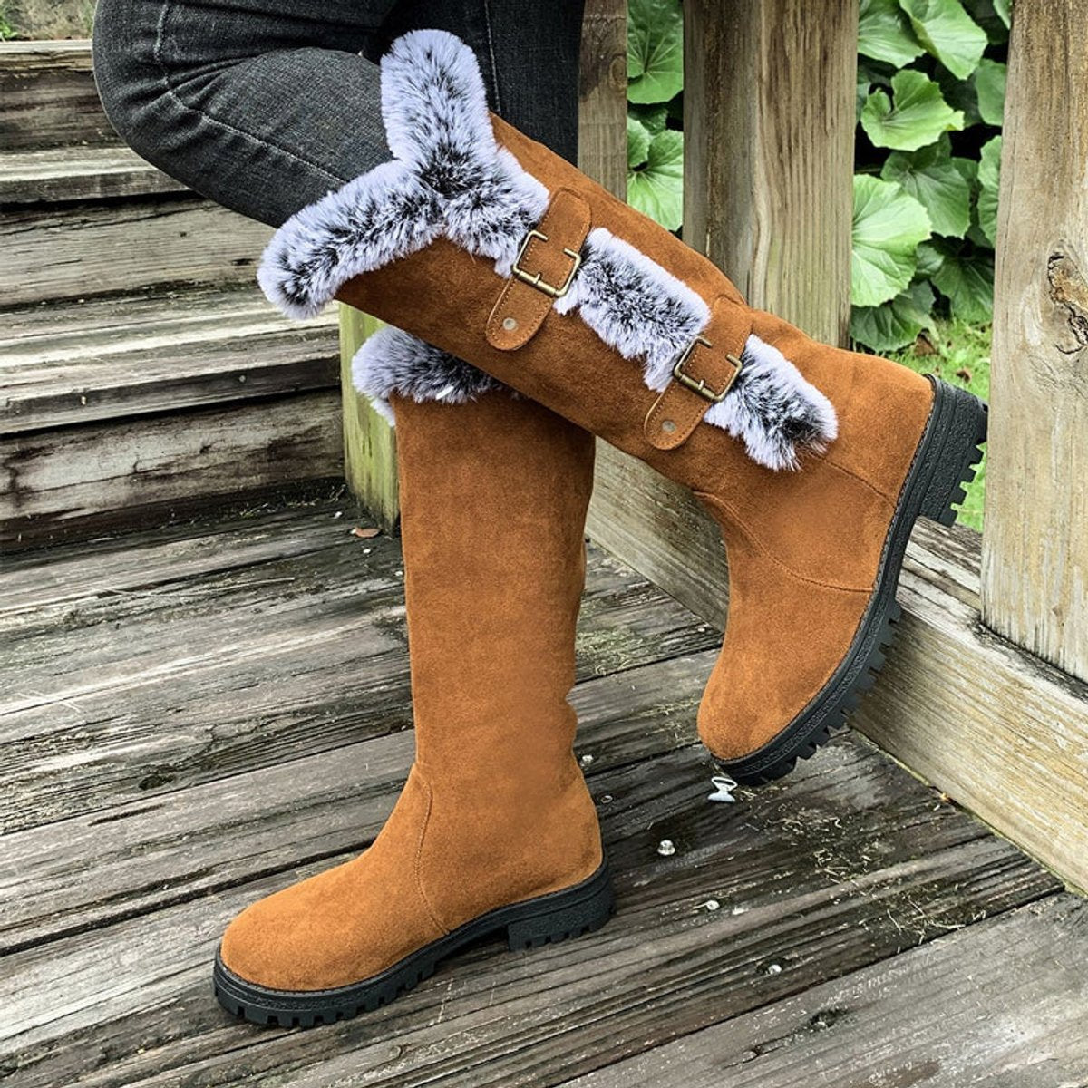 Freya | Women's Faux Suede Faux Fur Trim Buckle Knee High Boots