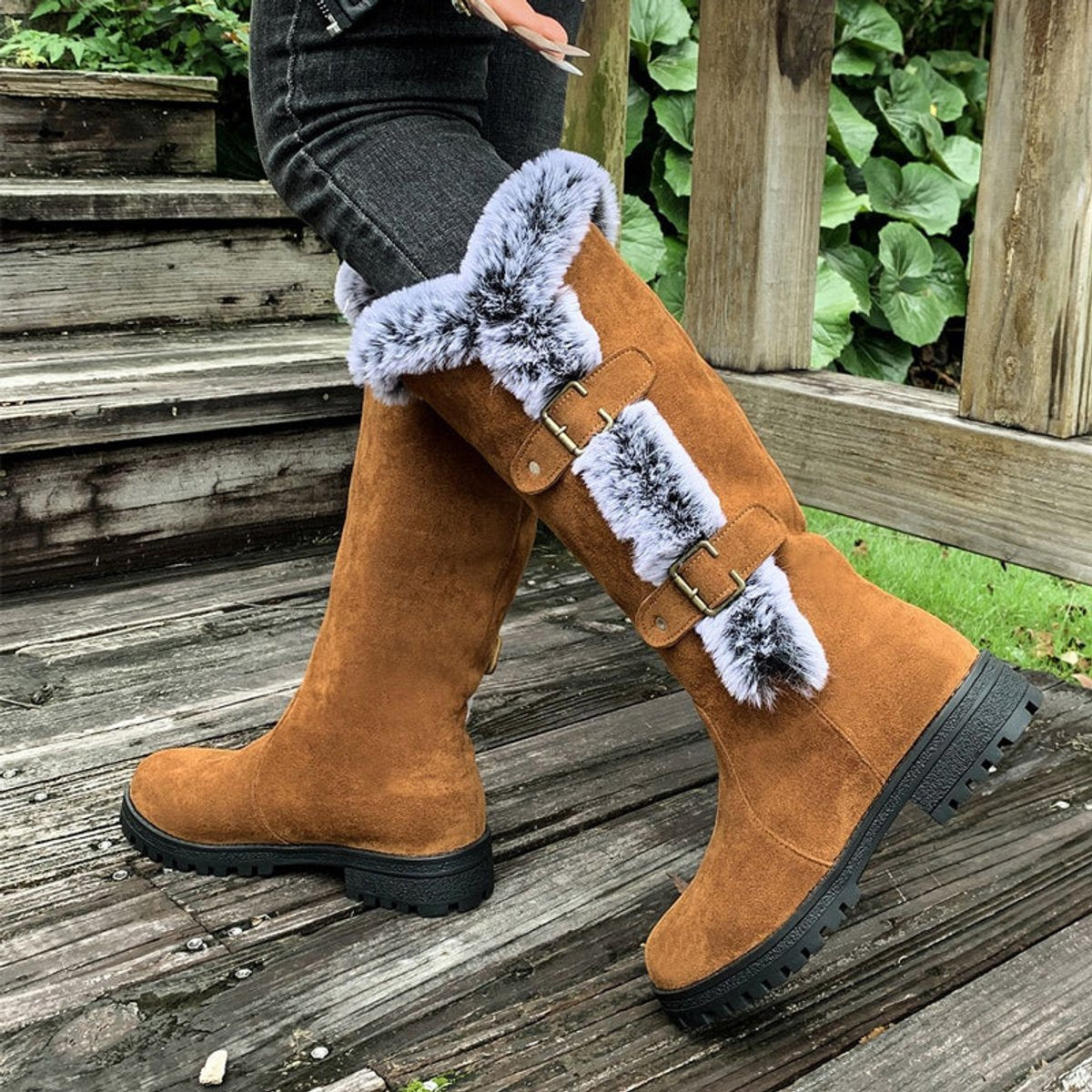 Freya | Women's Faux Suede Faux Fur Trim Buckle Knee High Boots