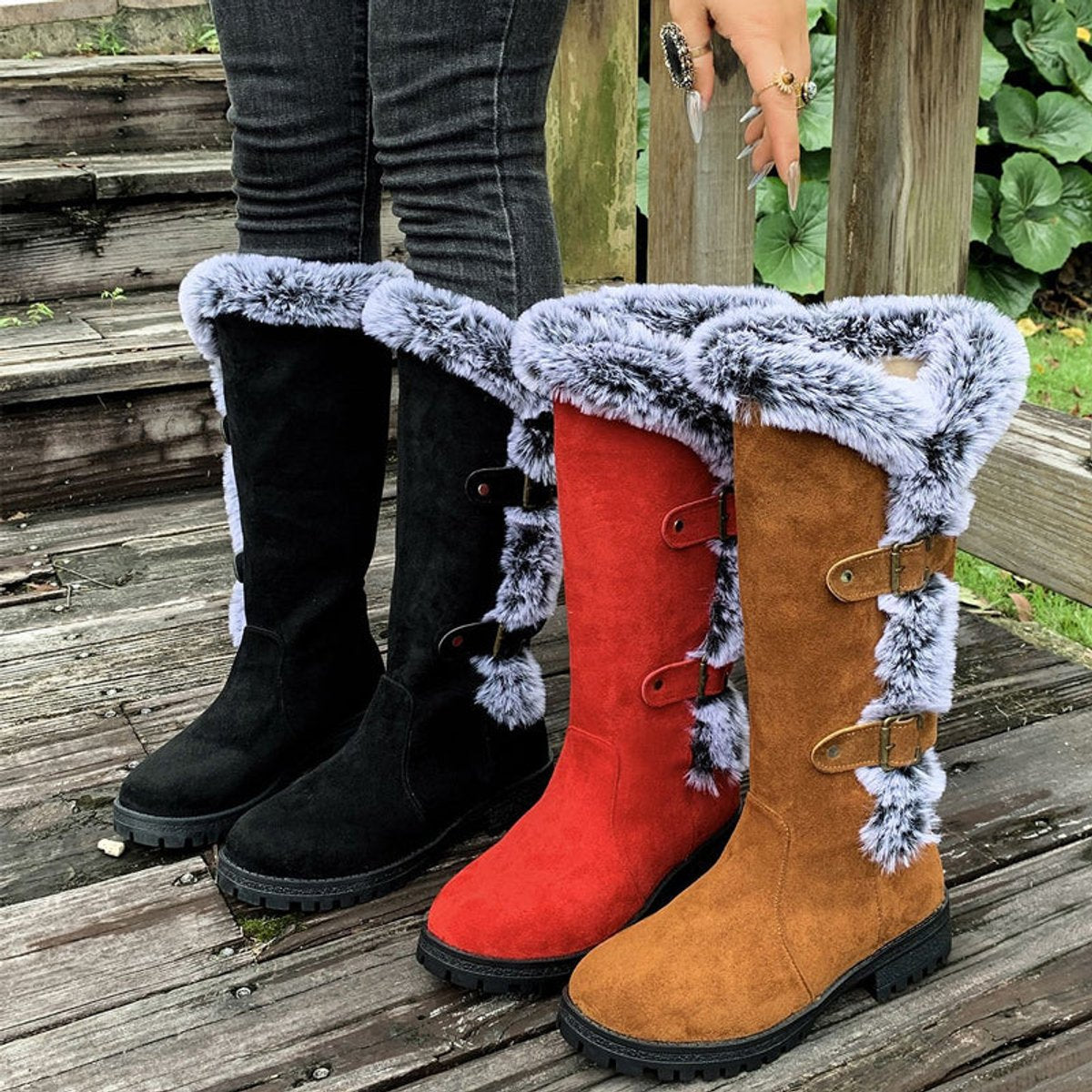Freya | Women's Faux Suede Faux Fur Trim Buckle Knee High Boots