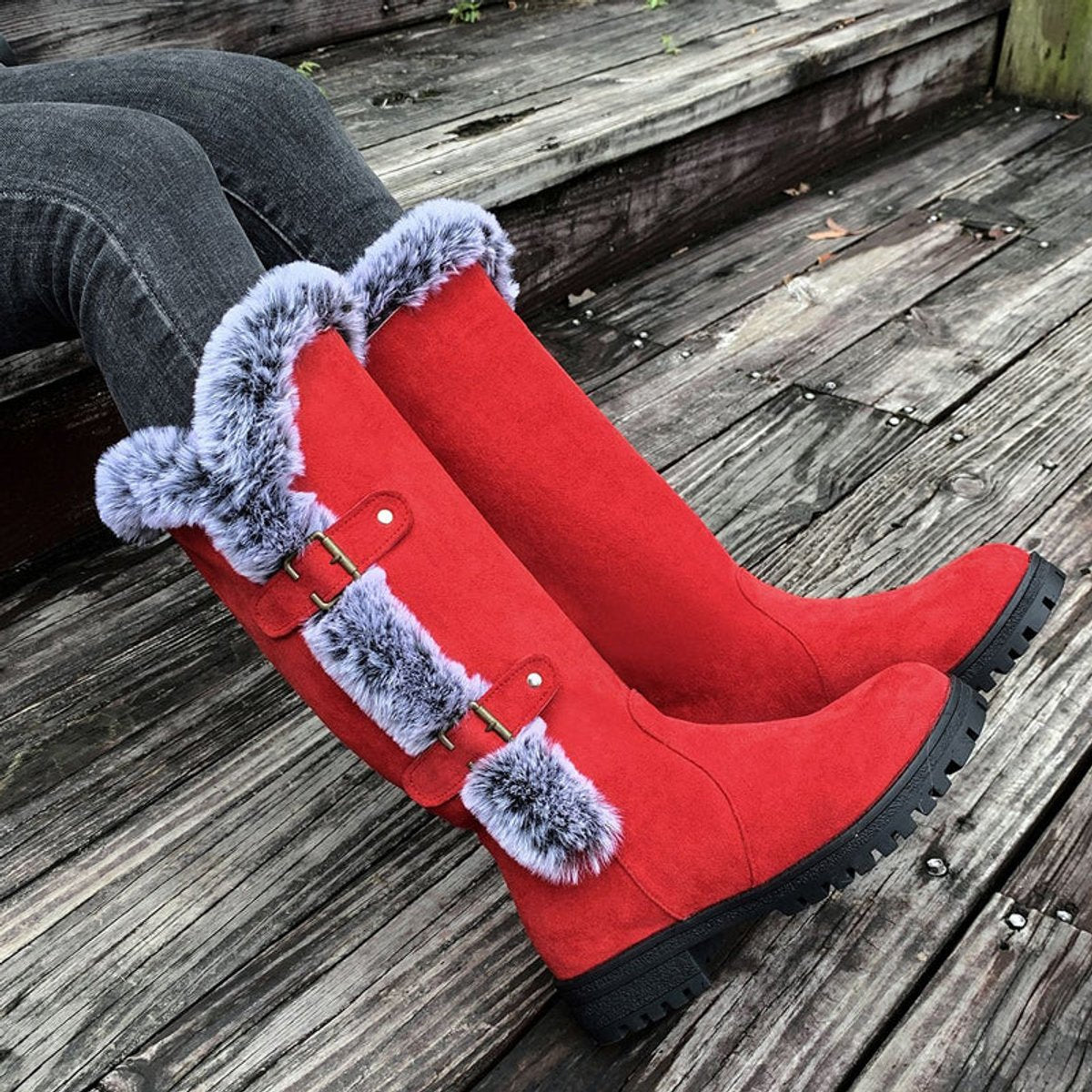 Freya | Women's Faux Suede Faux Fur Trim Buckle Knee High Boots