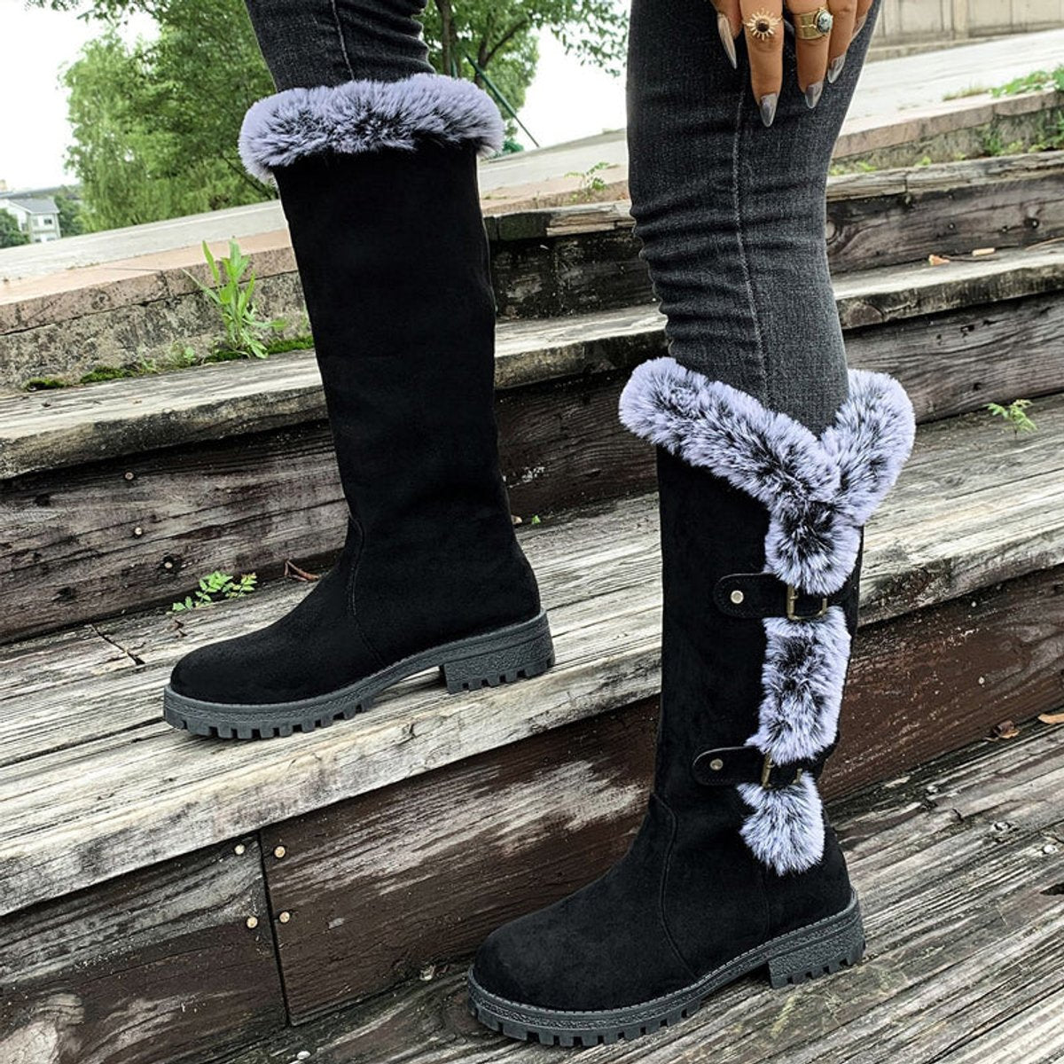 Freya | Women's Faux Suede Faux Fur Trim Buckle Knee High Boots