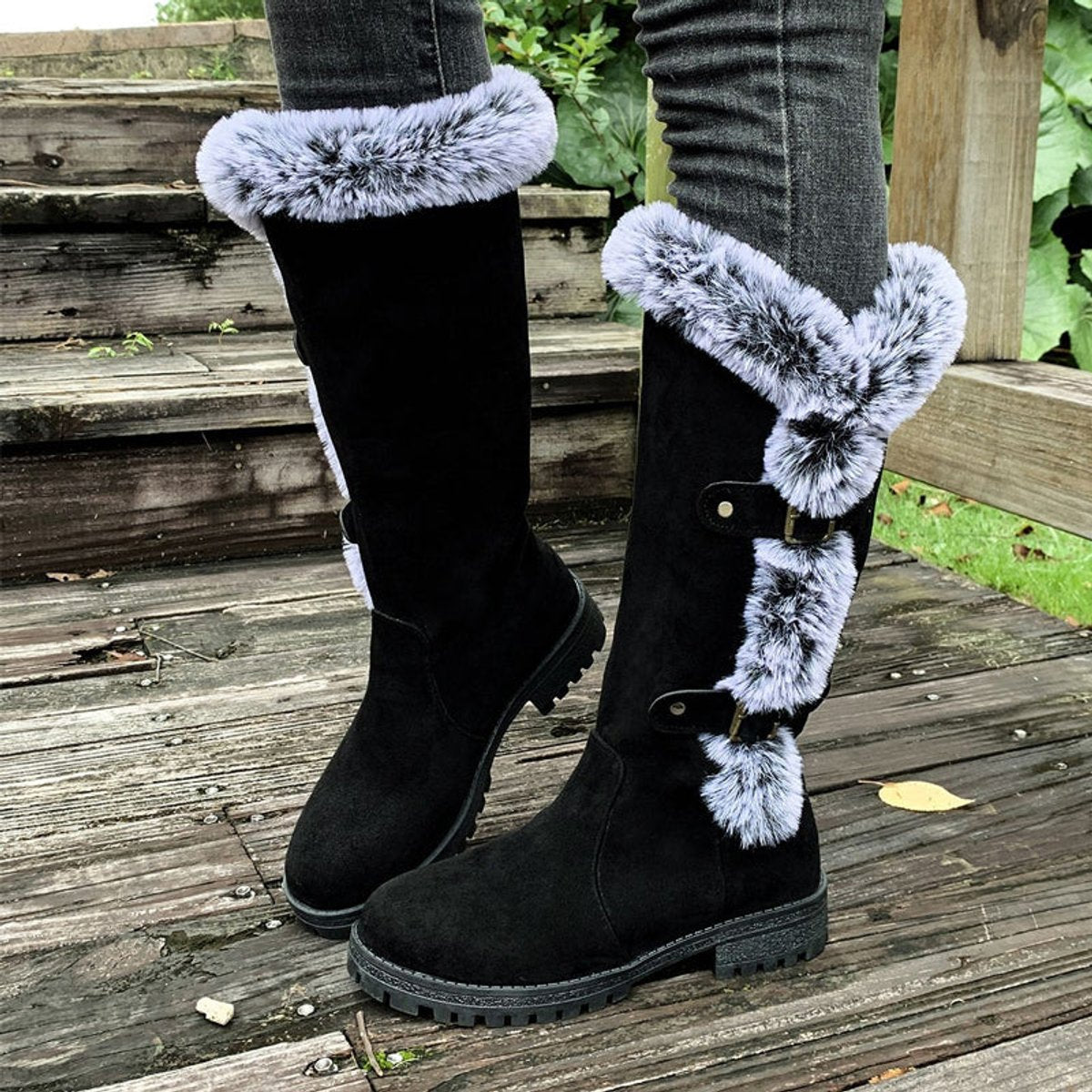 Freya | Women's Faux Suede Faux Fur Trim Buckle Knee High Boots