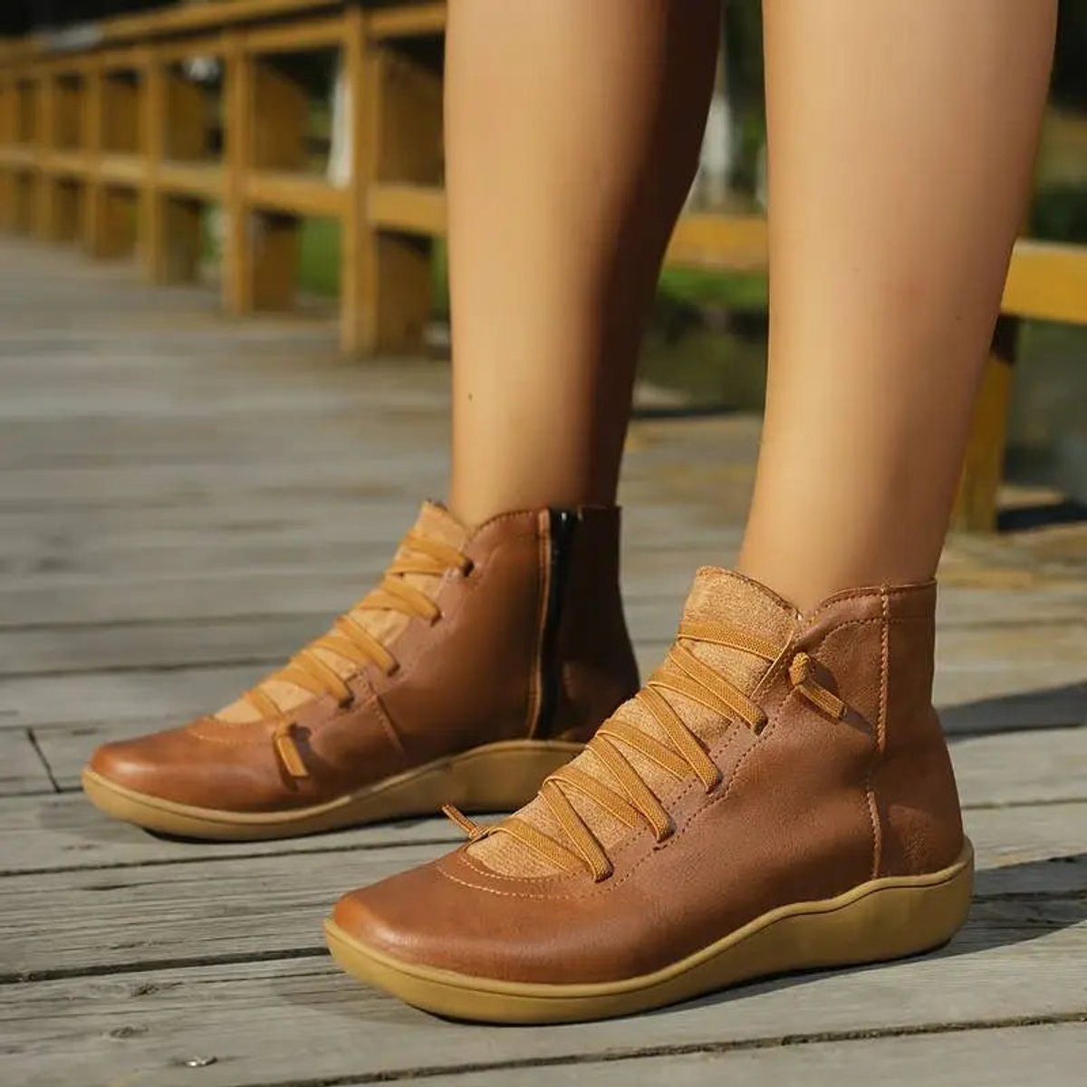 Sienna | Women's Flat Lace-Up Side-Zip Faux Leather Ankle Boots