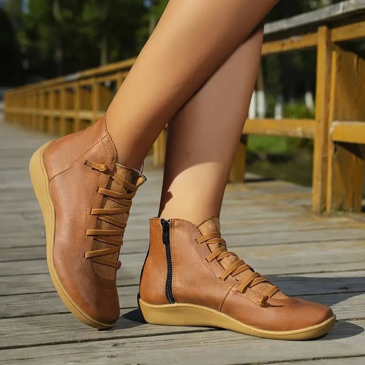 Sienna | Women's Flat Lace-Up Side-Zip Faux Leather Ankle Boots