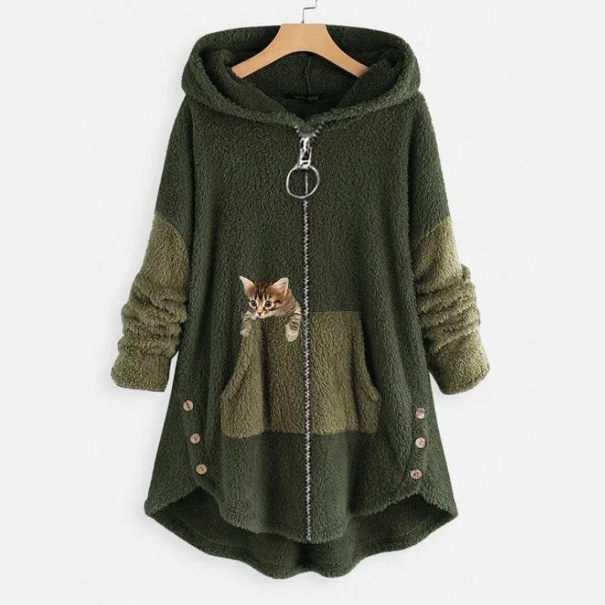 Olivia | Women's Fleece Hooded Zip-Up Sweater Plush Cat Pocket Jumper