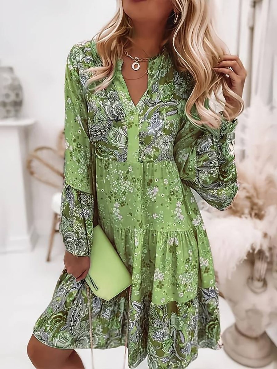 Olivia | Women's Floral Boho Mini Party Dress Long Sleeve V-Neck