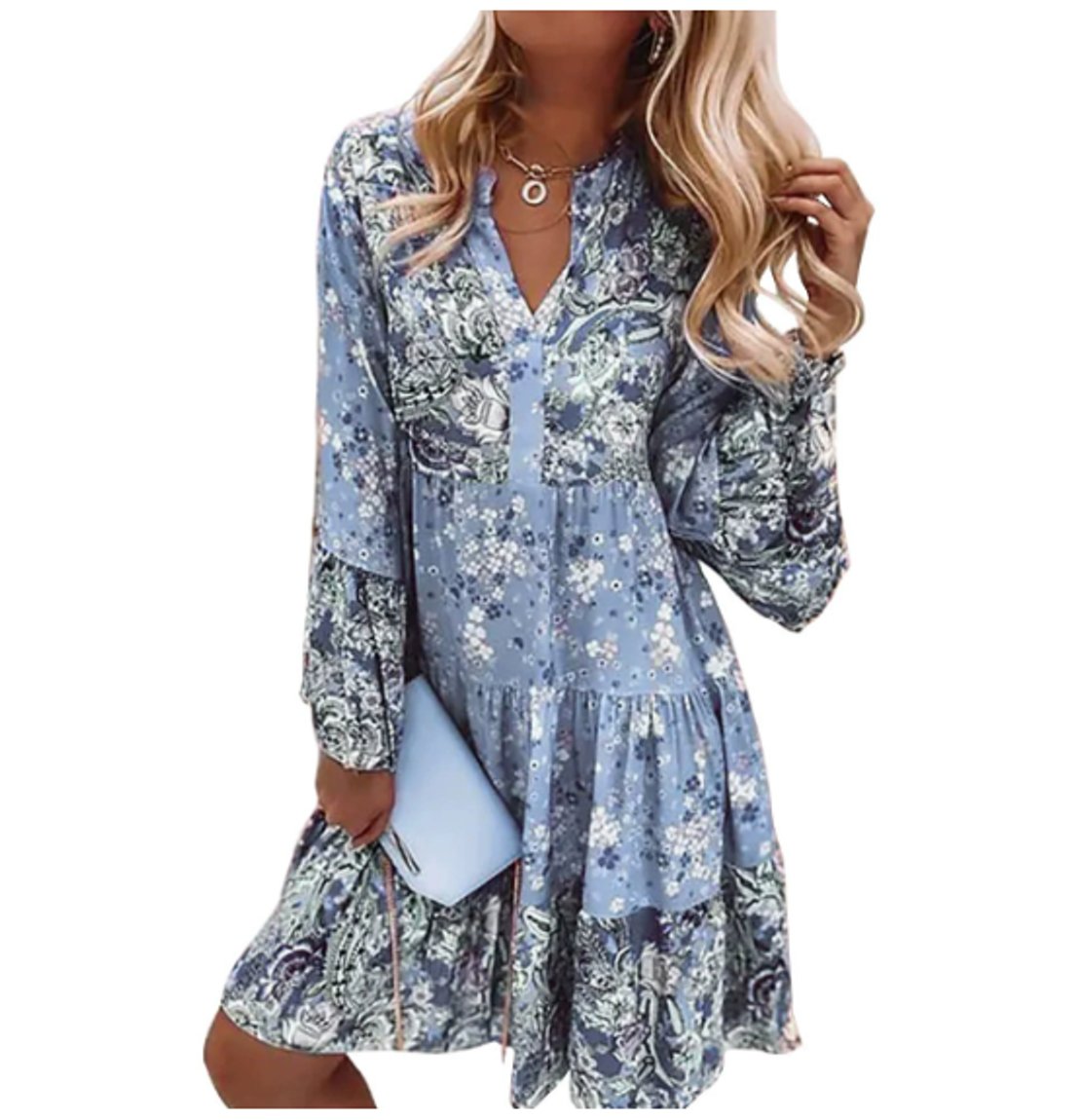 Olivia | Women's Floral Boho Mini Party Dress Long Sleeve V-Neck