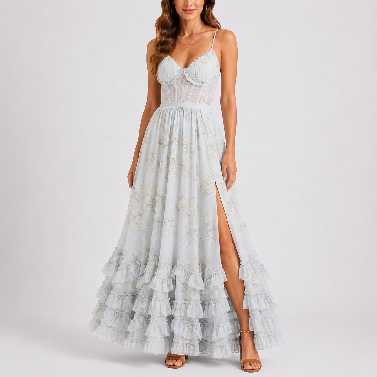 Sophie | Women's Floral Corset Fall Wedding Guest Maxi Dress Ruffled