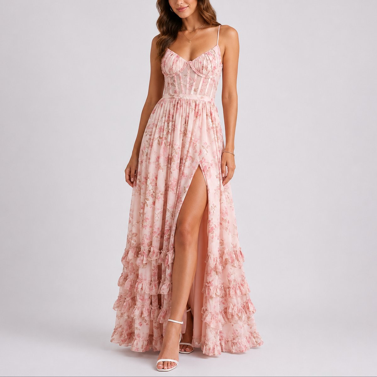 Sophie | Women's Floral Corset Fall Wedding Guest Maxi Dress Ruffled