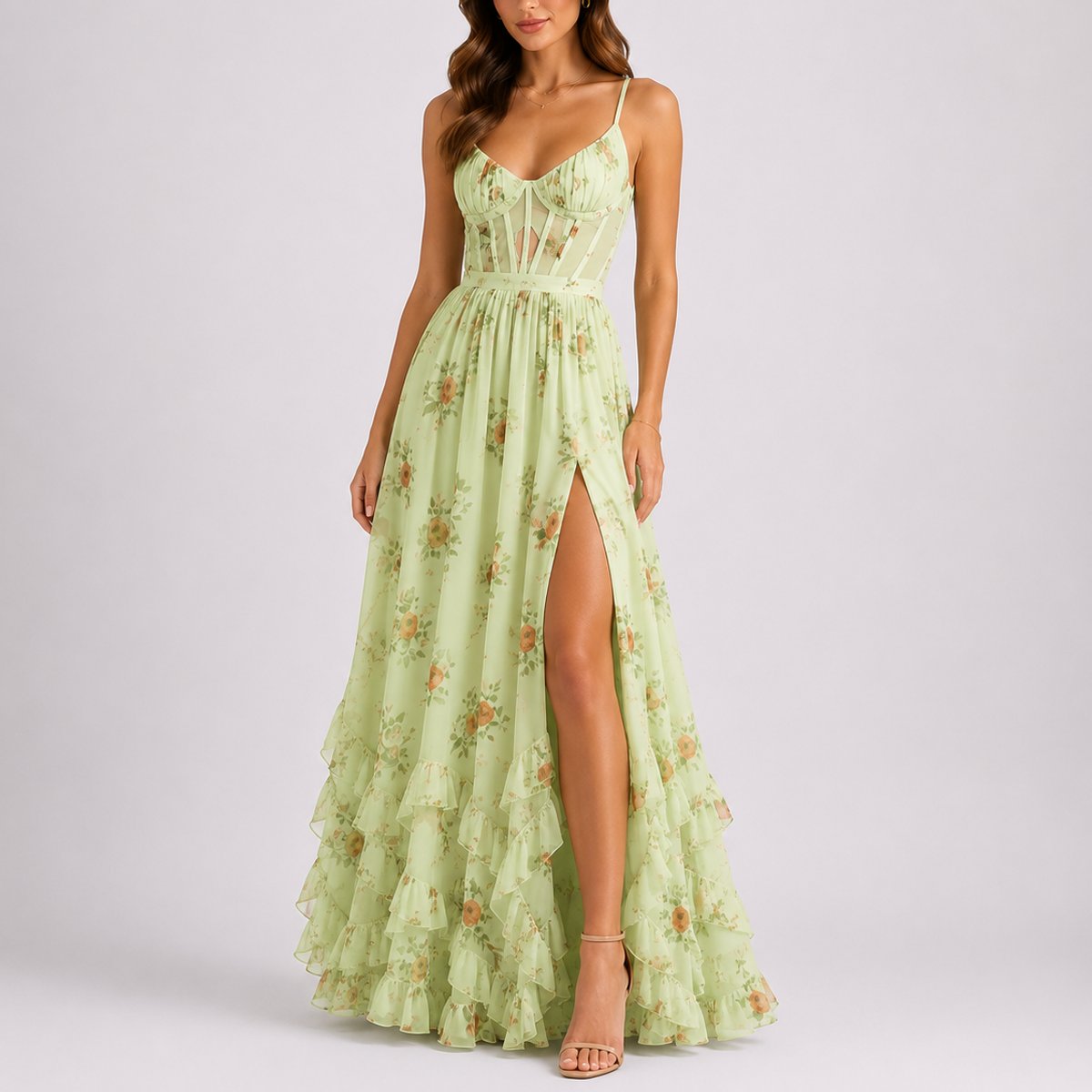 Sophie | Women's Floral Corset Fall Wedding Guest Maxi Dress Ruffled