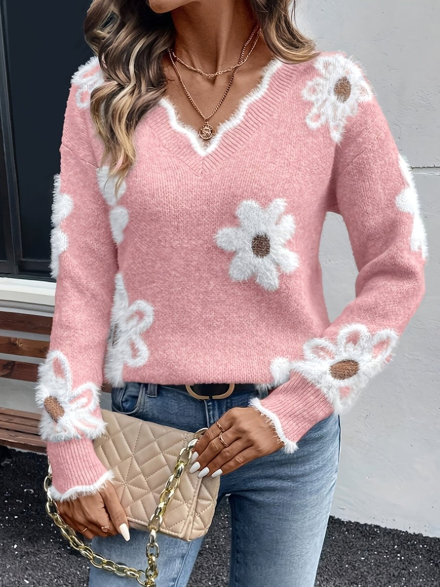 Aria | Women's Floral Daisy V-Neck Knit Sweater Jumper Long Sleeve