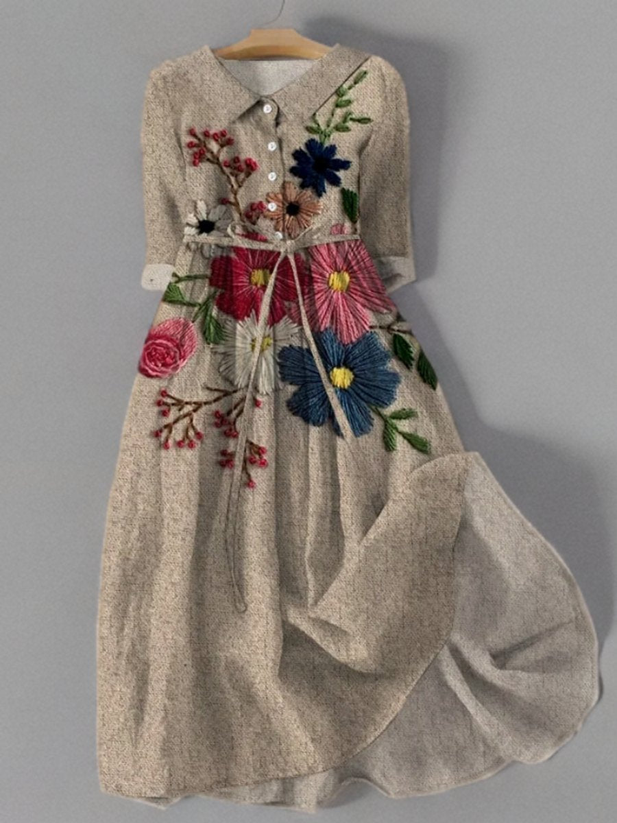 Phoebe | Women's Floral Embroidered Belted Long Sleeve Dress Vintage Midi