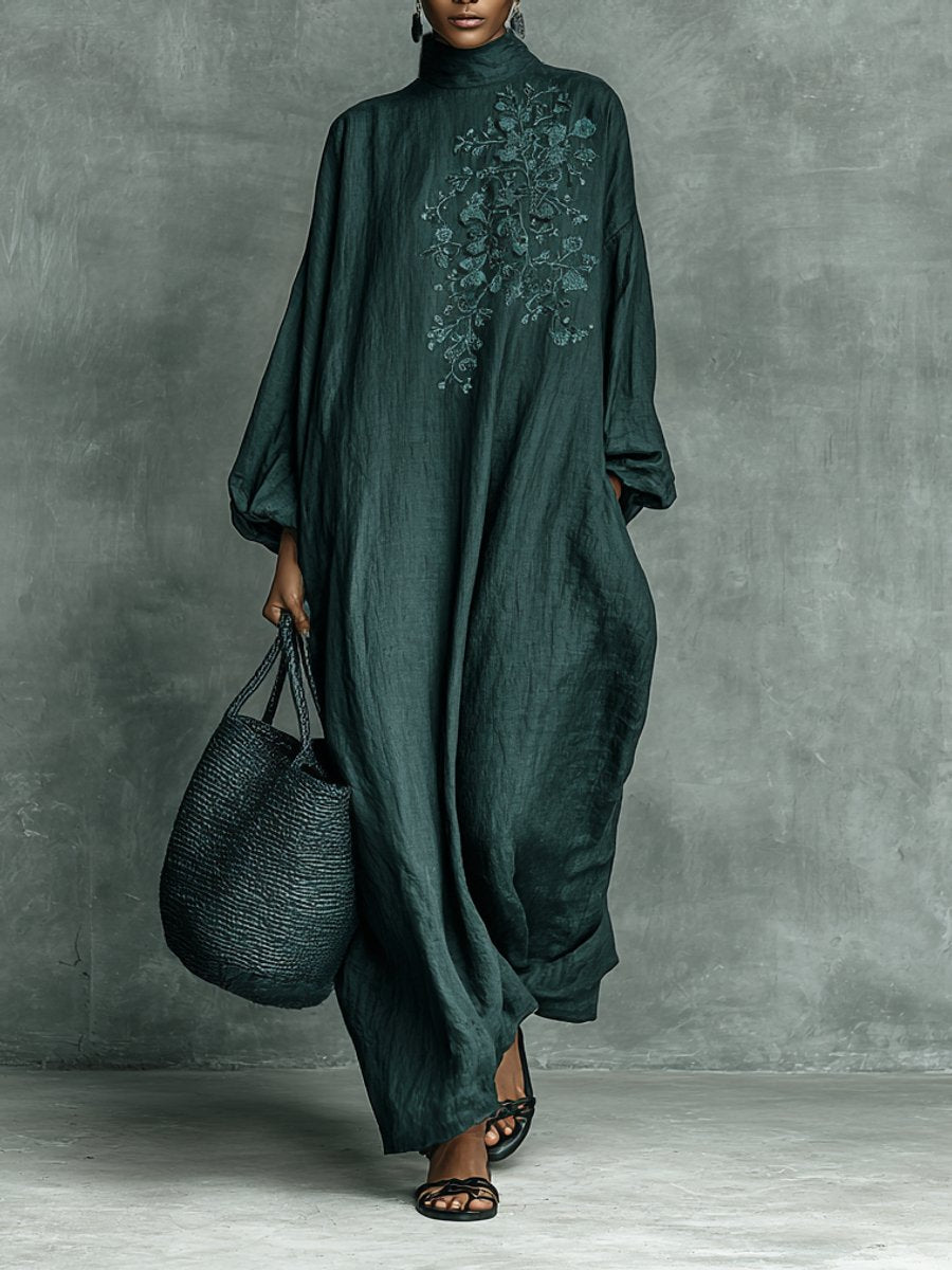 Ivy | Women's Floral Embroidered Mock-Neck Maxi Long Sleeve Dress