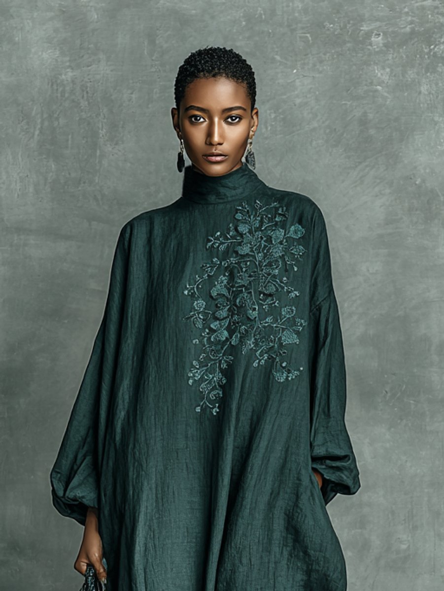 Ivy | Women's Floral Embroidered Mock-Neck Maxi Long Sleeve Dress