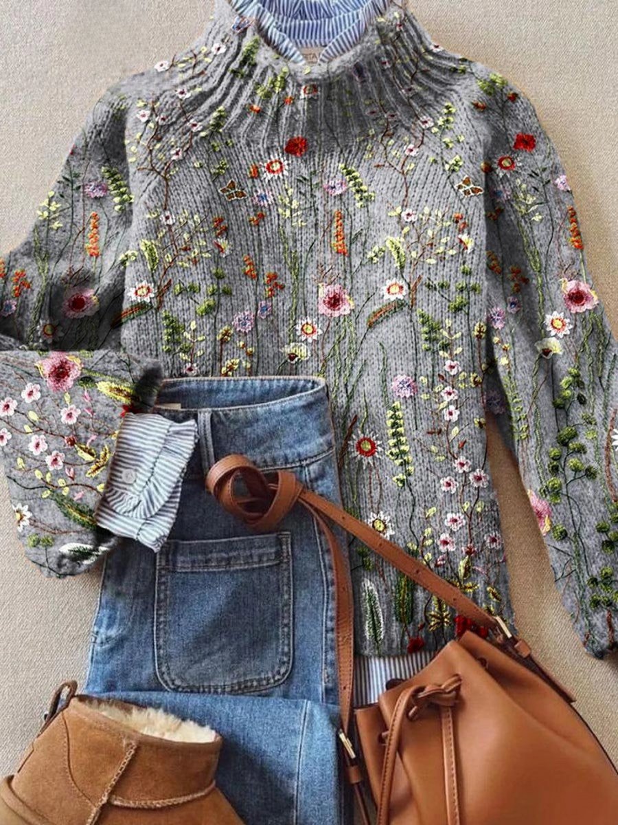 Aria | Women's Floral Embroidered Turtleneck Sweater Relaxed Knit Jumper