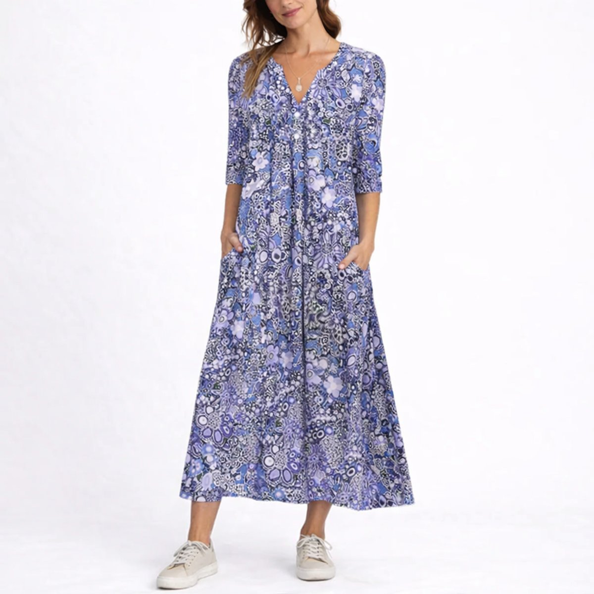 Evelyn | Women's Floral Midi Fall Wedding Guest Dress V-Neck Three-Quarter Sleeve