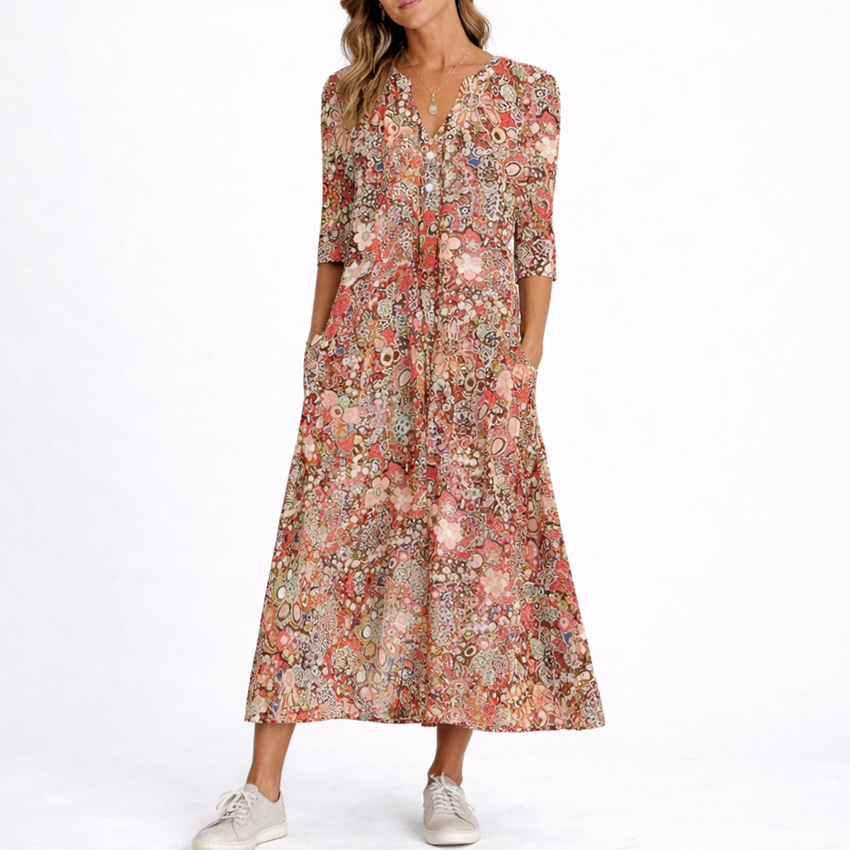 Evelyn | Women's Floral Midi Fall Wedding Guest Dress V-Neck Three-Quarter Sleeve