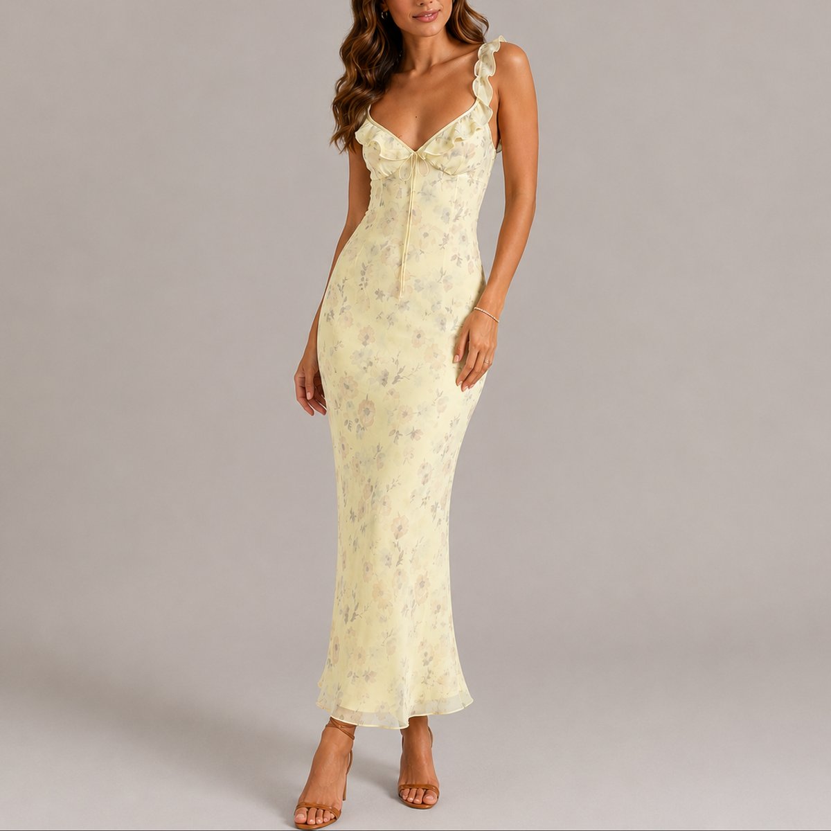 Scarlett | Women's Floral Ruffle Strap Fitted Maxi Fall Wedding Guest Dress