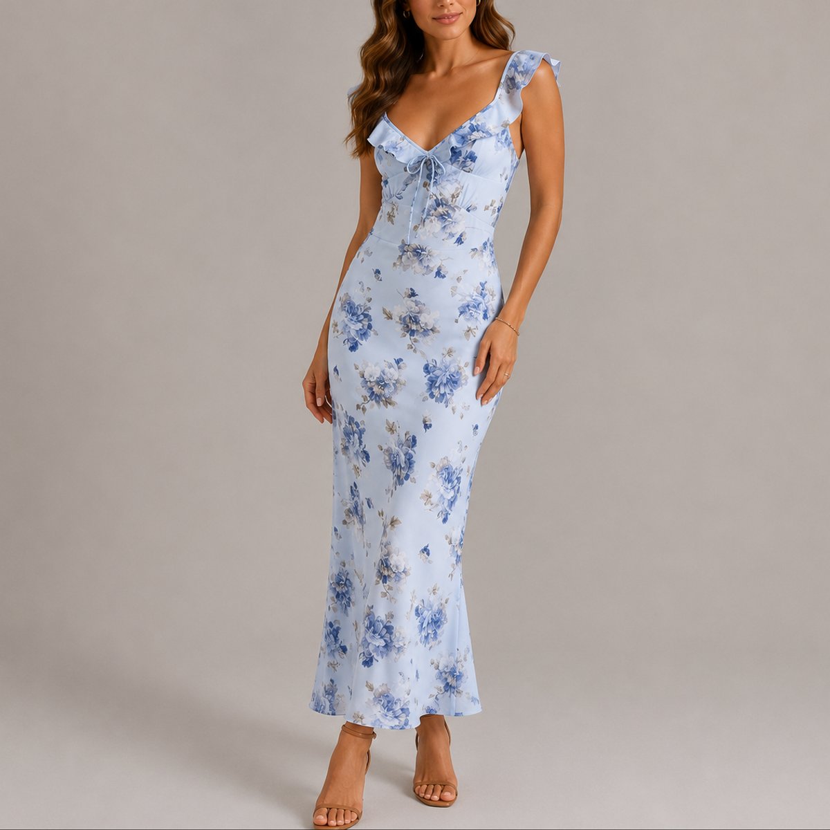 Scarlett | Women's Floral Ruffle Strap Fitted Maxi Fall Wedding Guest Dress