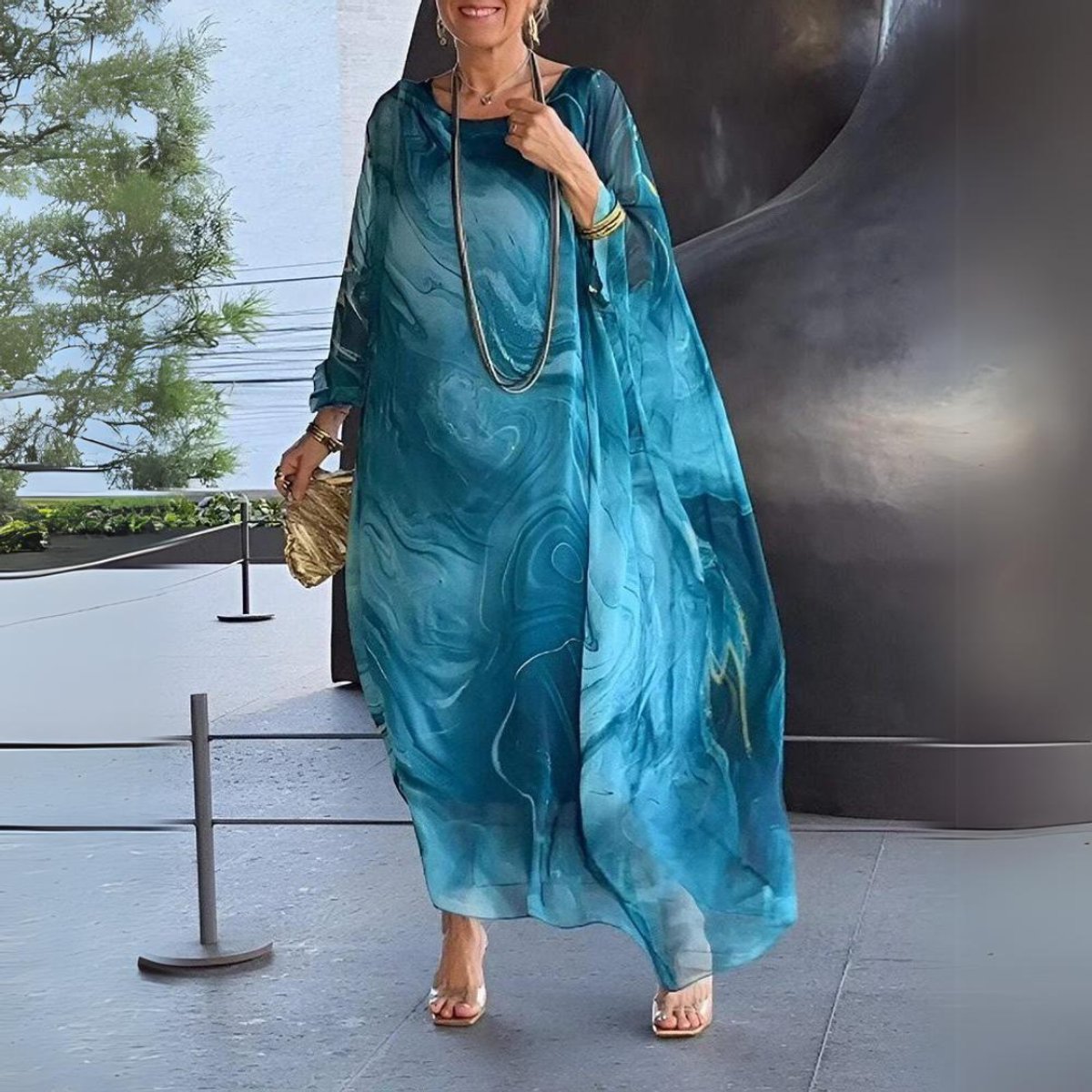 Florence | Women's Flowing Maxi Long Sleeve Dress Round Neck Oversized