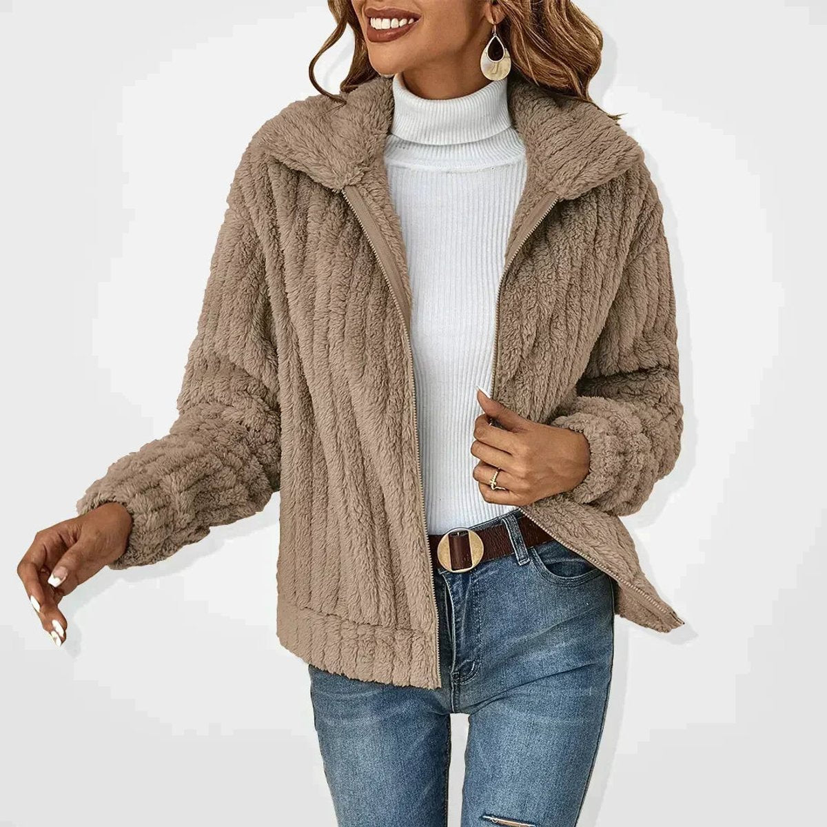 Mia | Women's Fluffy Plush Zip-Up Oversized Cardigan Jacket