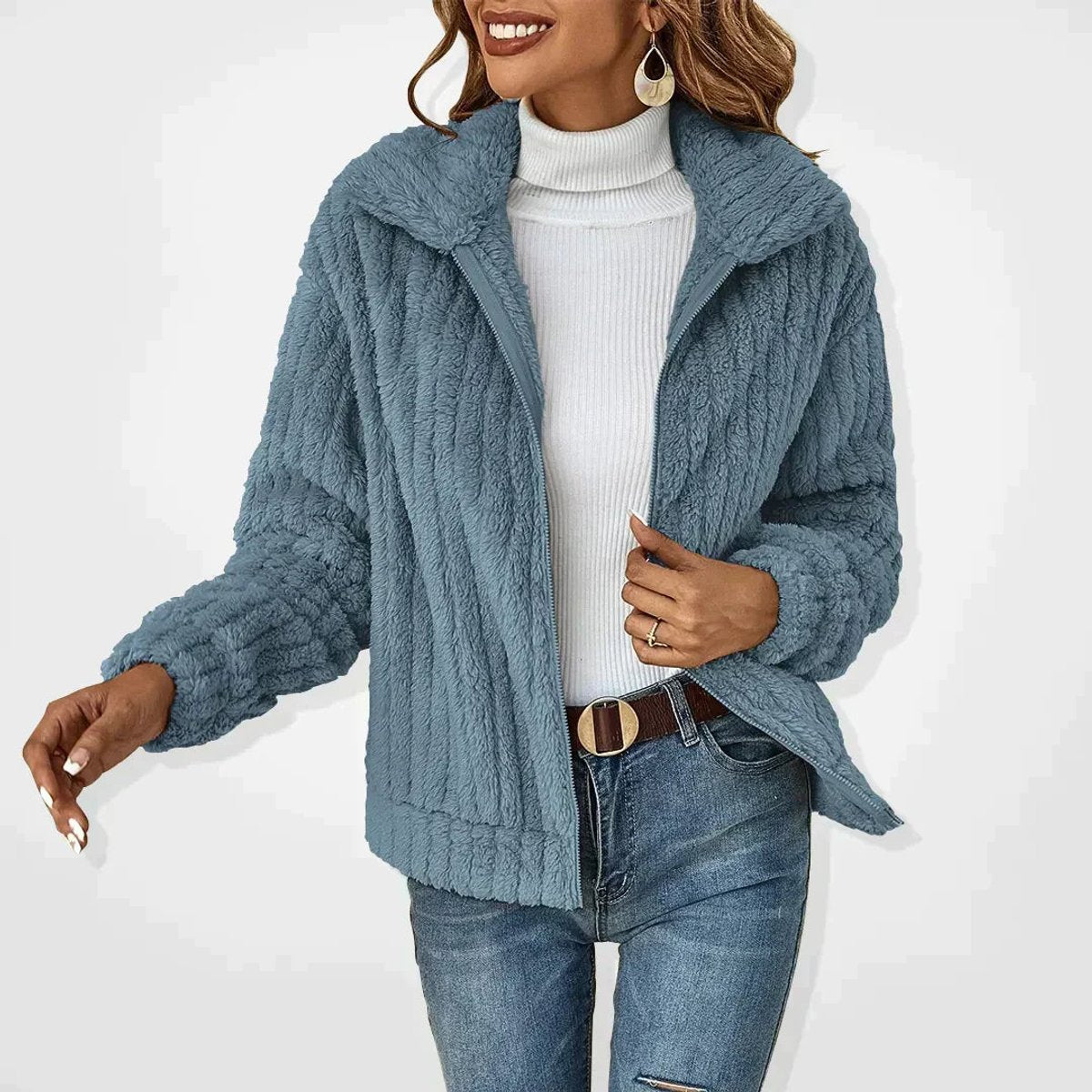 Mia | Women's Fluffy Plush Zip-Up Oversized Cardigan Jacket