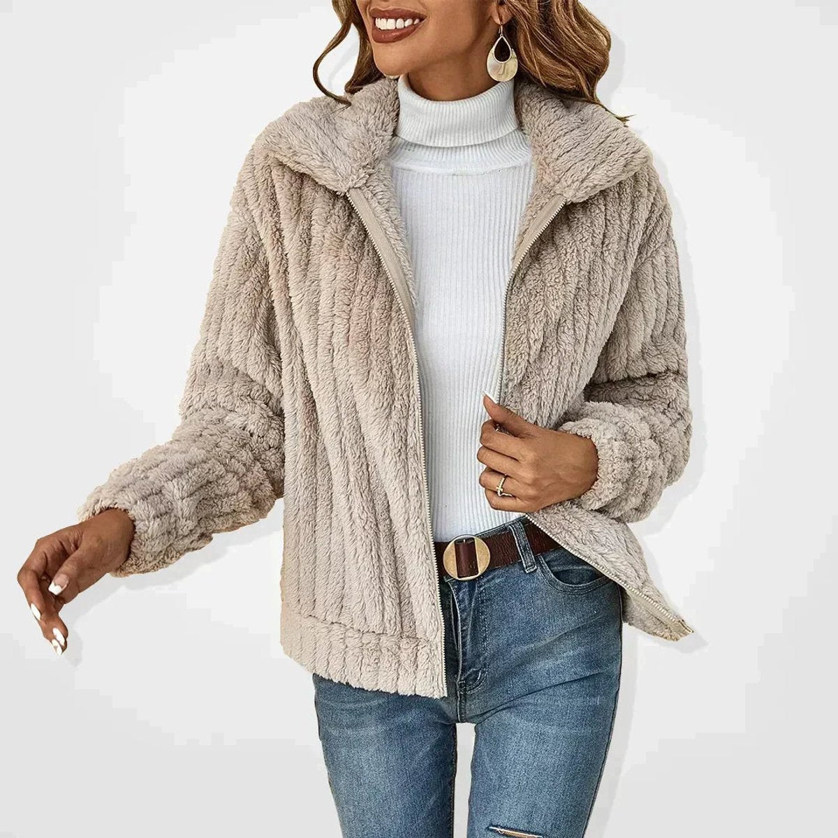 Mia | Women's Fluffy Plush Zip-Up Oversized Cardigan Jacket