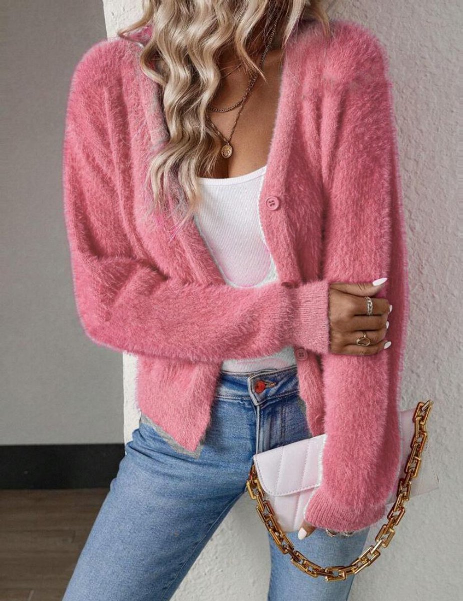 Willow | Women's Fluffy V-Neck Button-Front Knit Cardigan