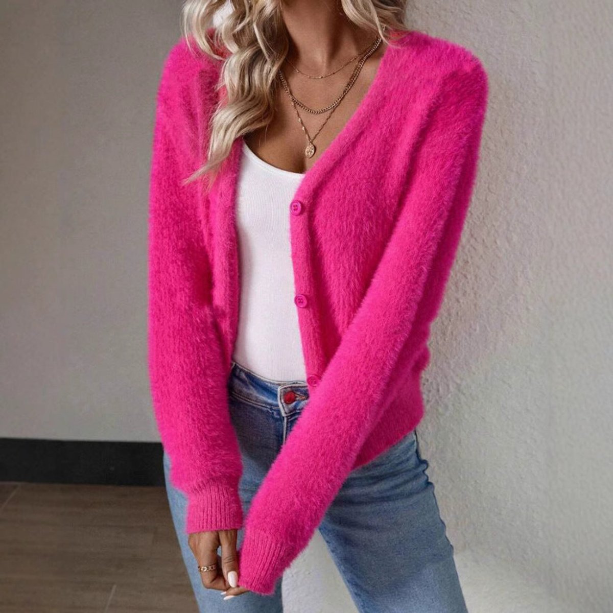 Willow | Women's Fluffy V-Neck Button-Front Knit Cardigan