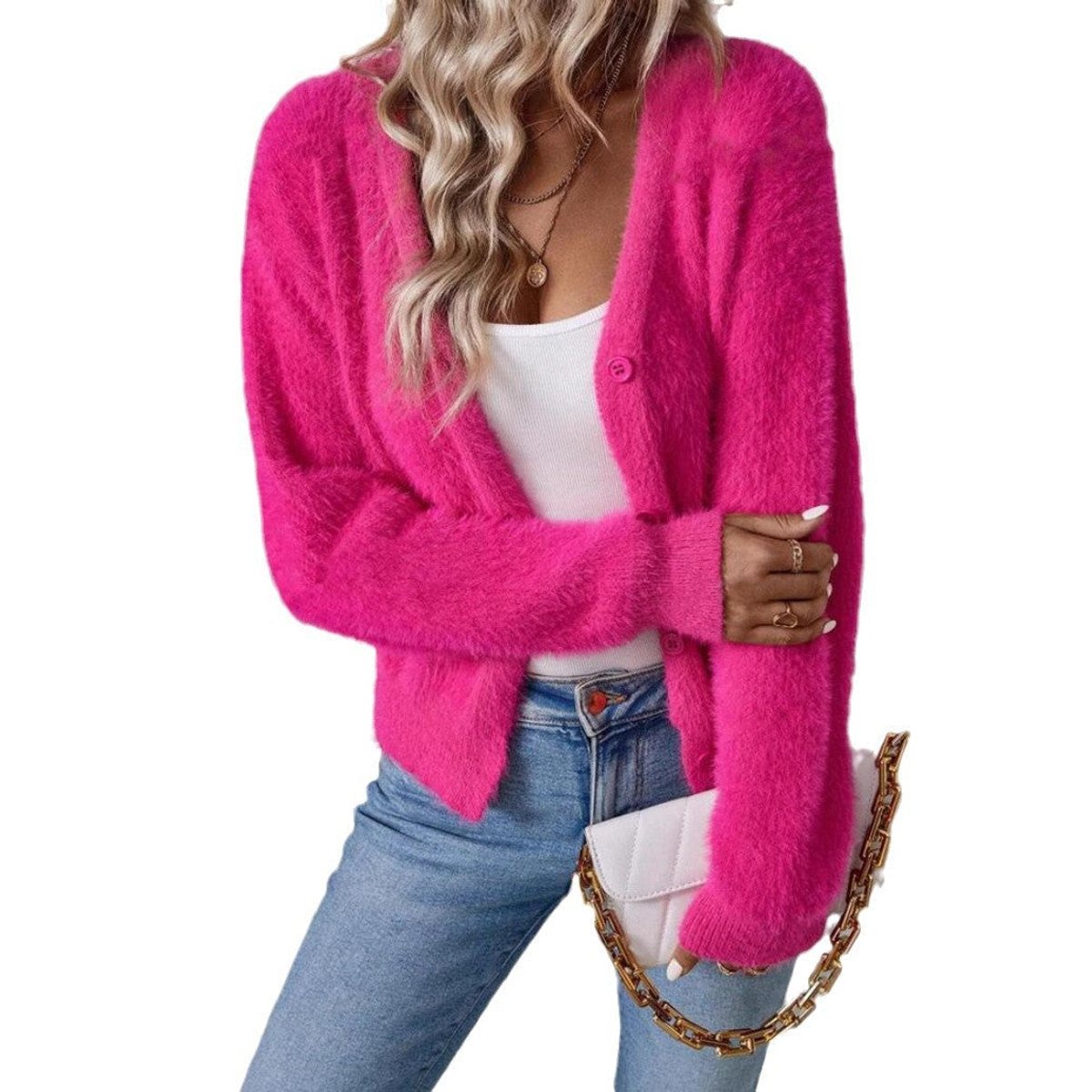 Willow | Women's Fluffy V-Neck Button-Front Knit Cardigan