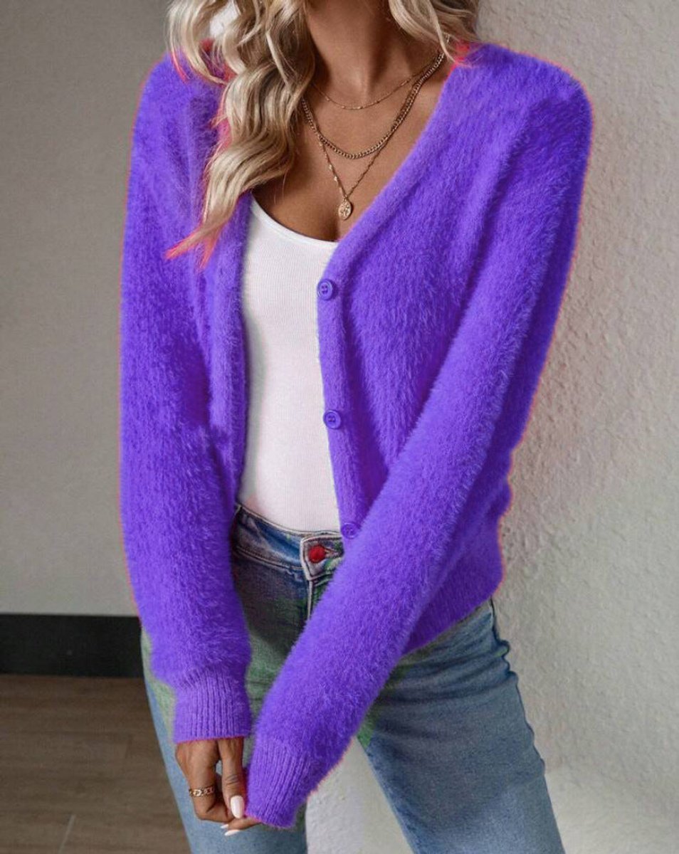 Willow | Women's Fluffy V-Neck Button-Front Knit Cardigan
