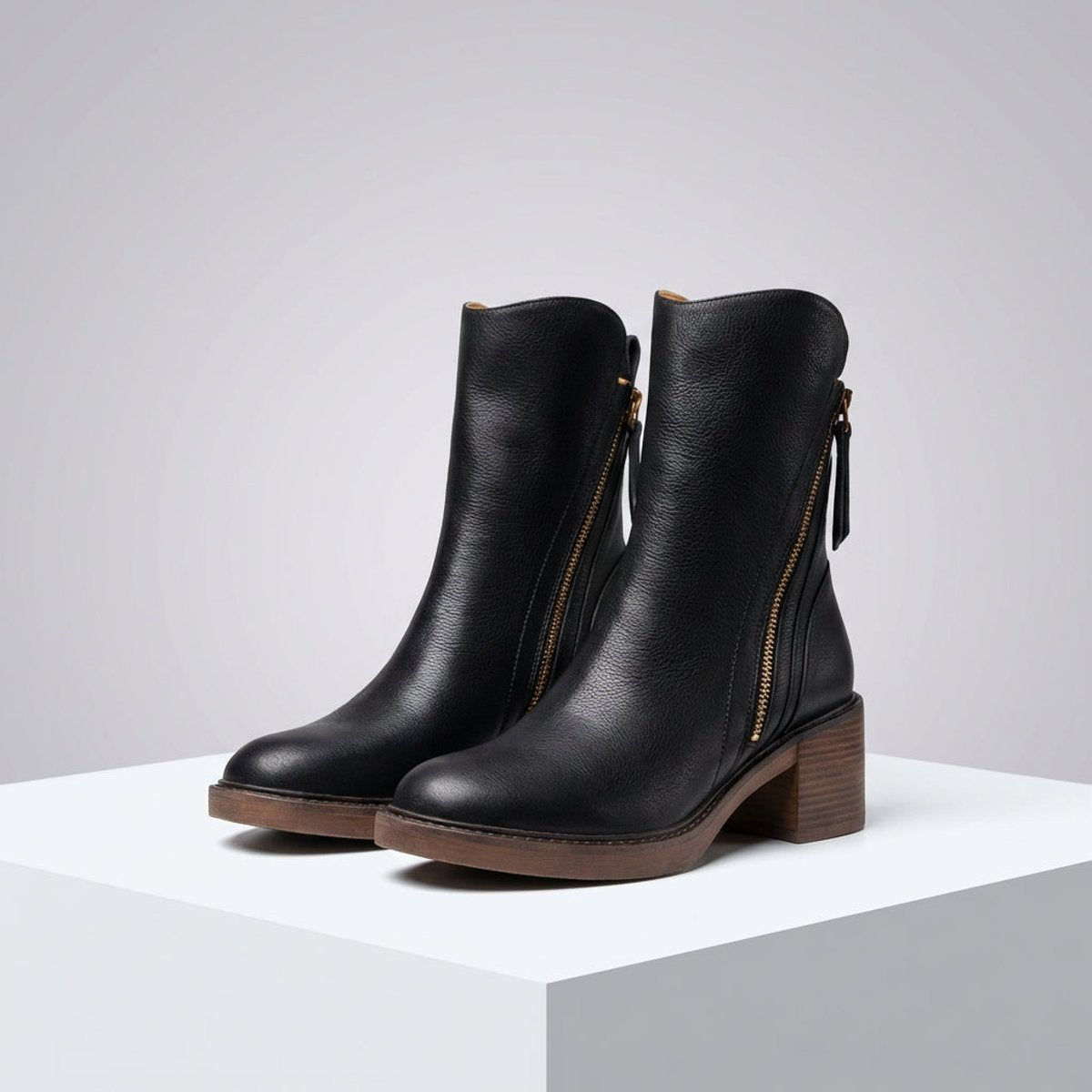 Lily | Women's Genuine Leather Side-Zip Black Boots Block Heel