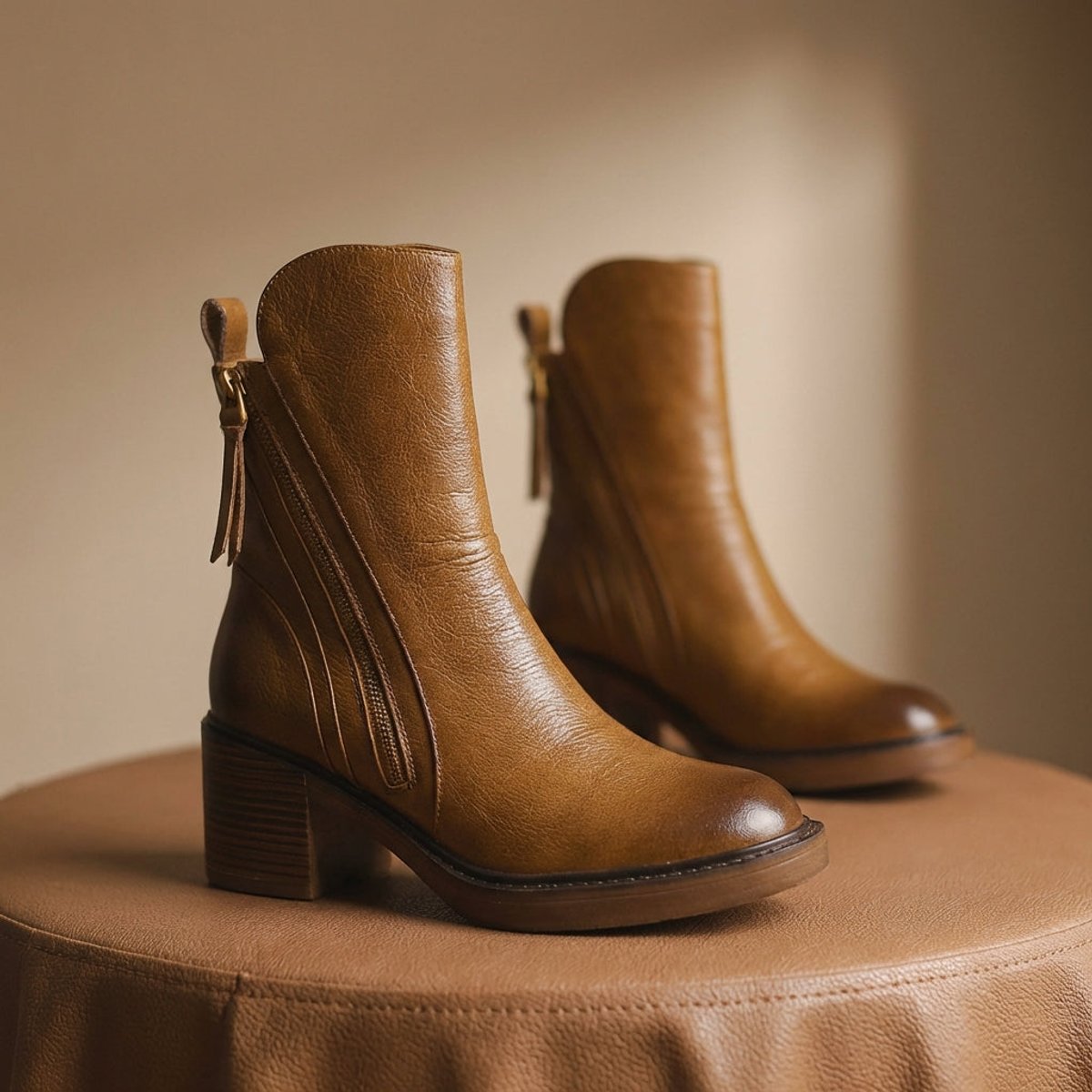 Lily | Women's Genuine Leather Side-Zip Black Boots Block Heel