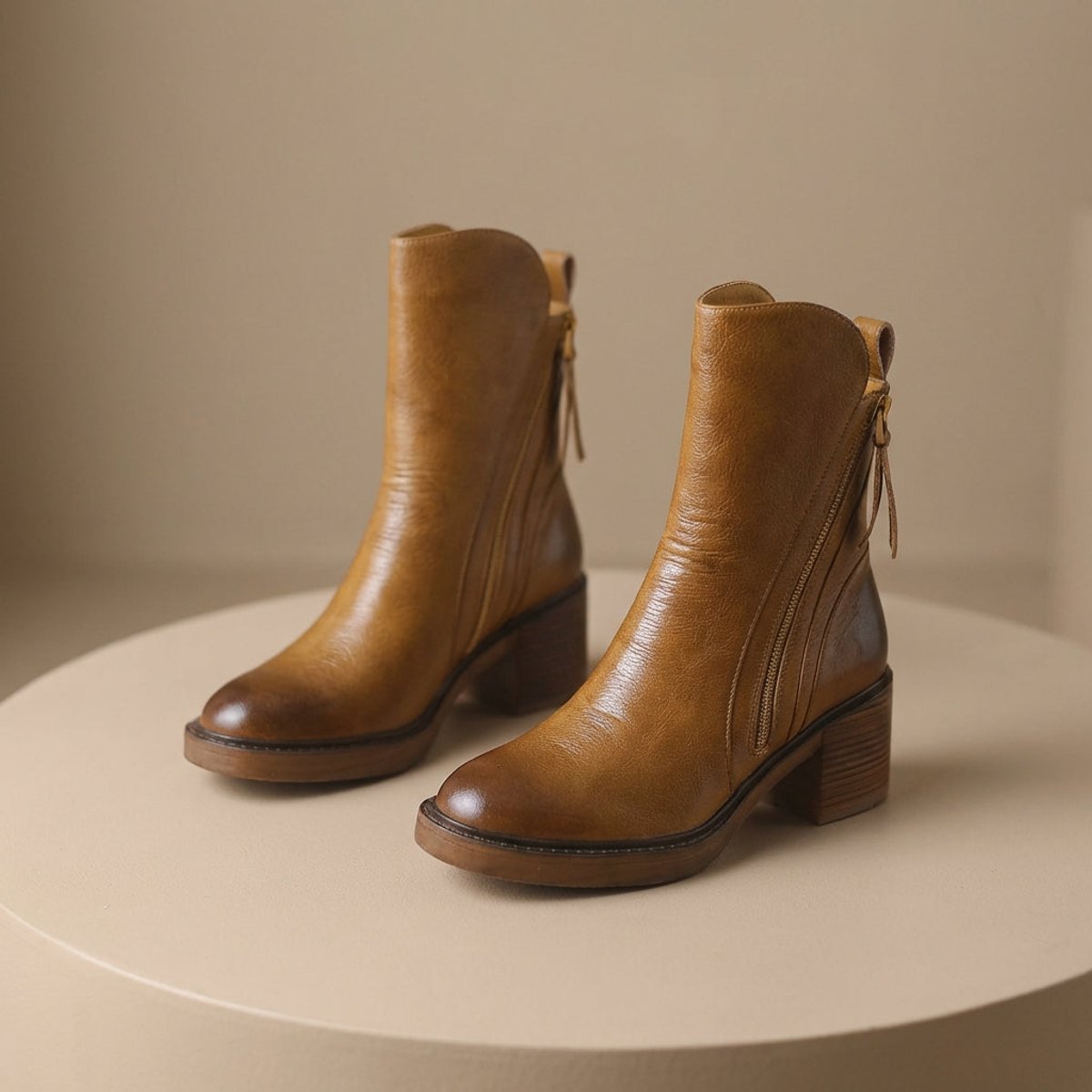 Lily | Women's Genuine Leather Side-Zip Black Boots Block Heel
