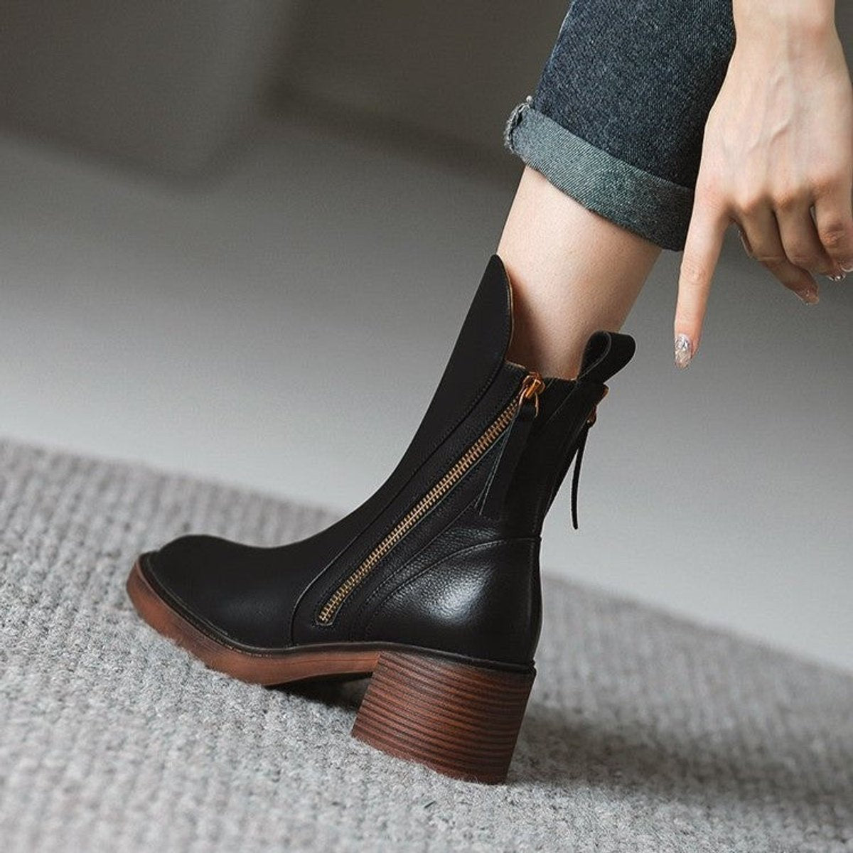 Lily | Women's Genuine Leather Side-Zip Black Boots Block Heel
