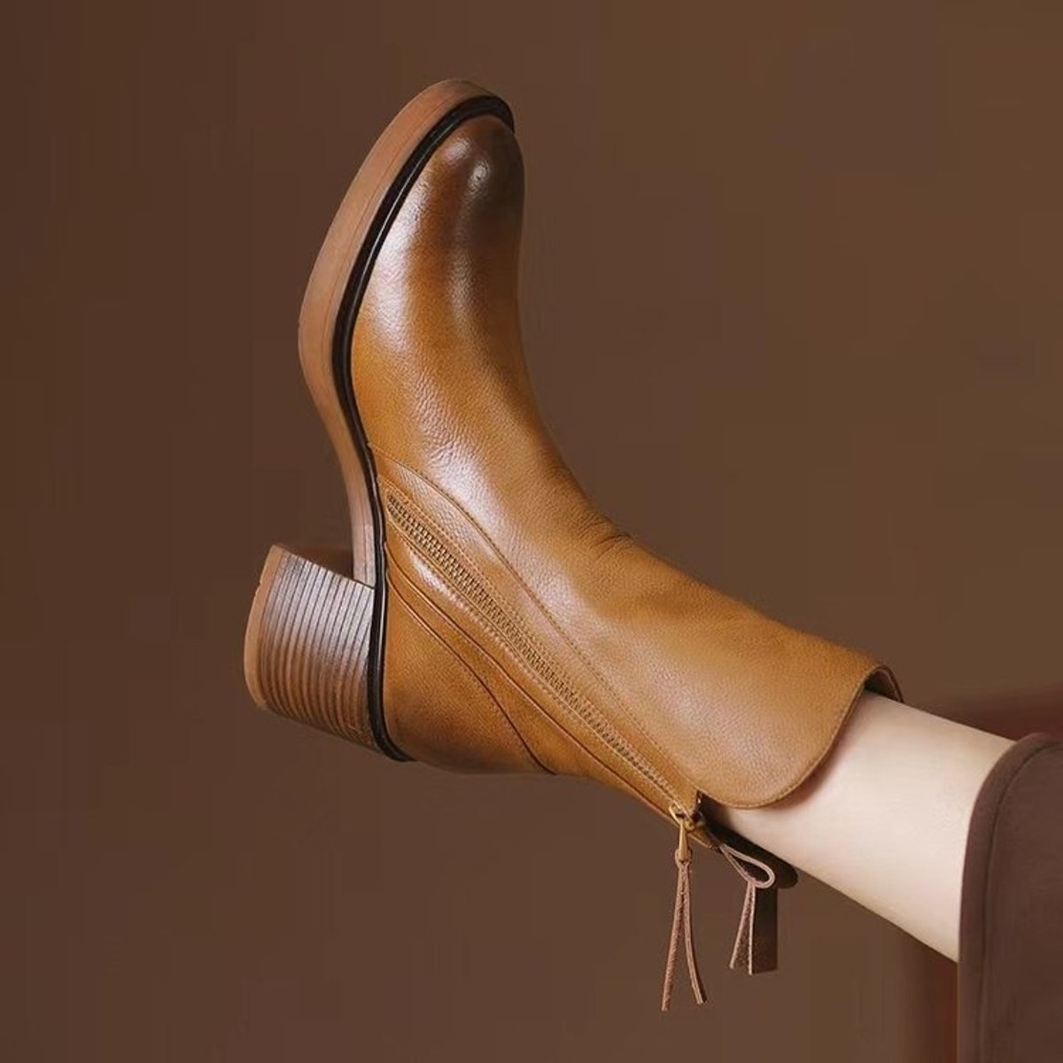 Lily | Women's Genuine Leather Side-Zip Black Boots Block Heel