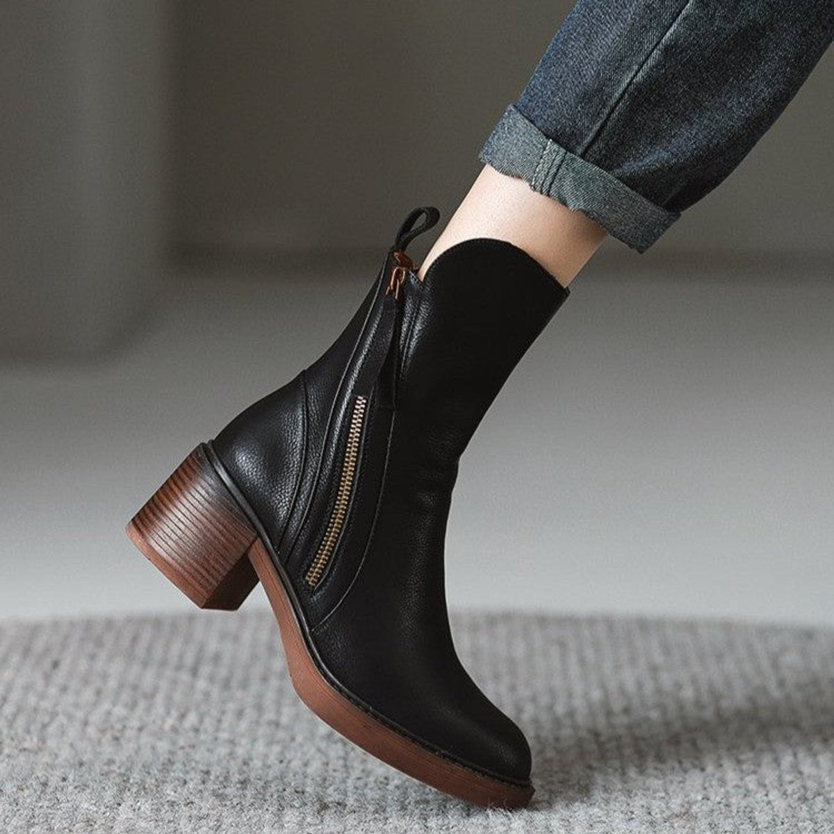 Lily | Women's Genuine Leather Side-Zip Black Boots Block Heel