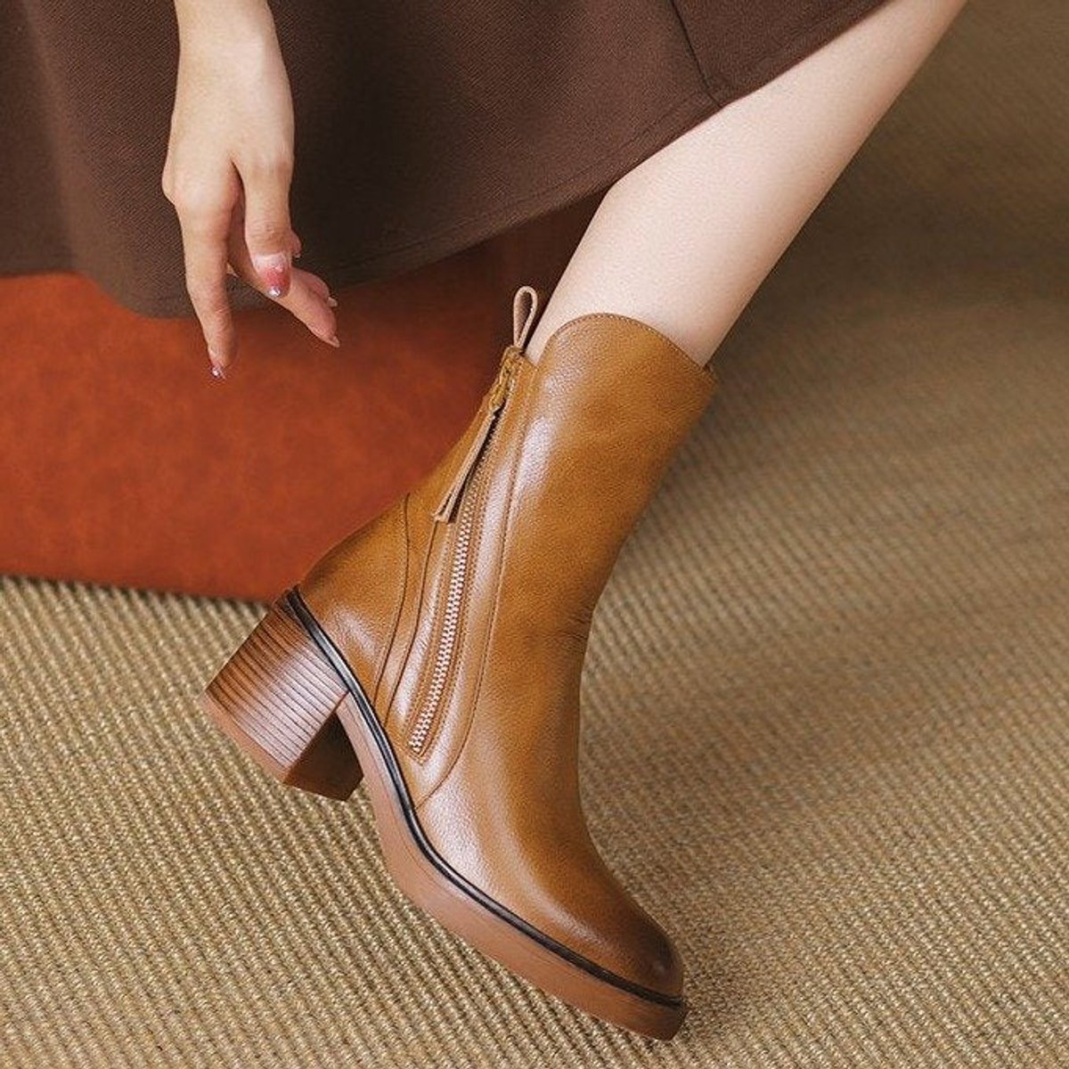 Lily | Women's Genuine Leather Side-Zip Black Boots Block Heel