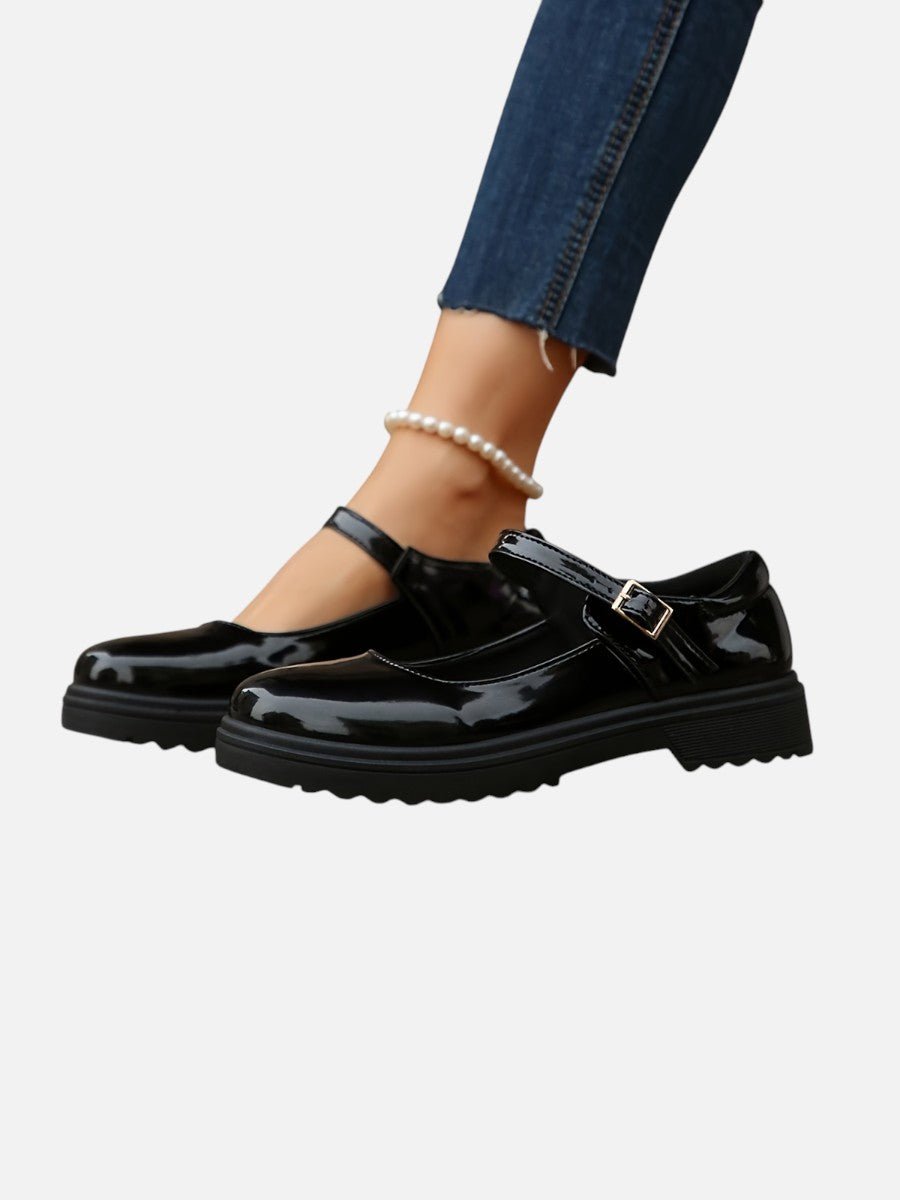 Sienna | Women's Glossy Patent Mary Jane Flat Loafer Boots Buckle Strap