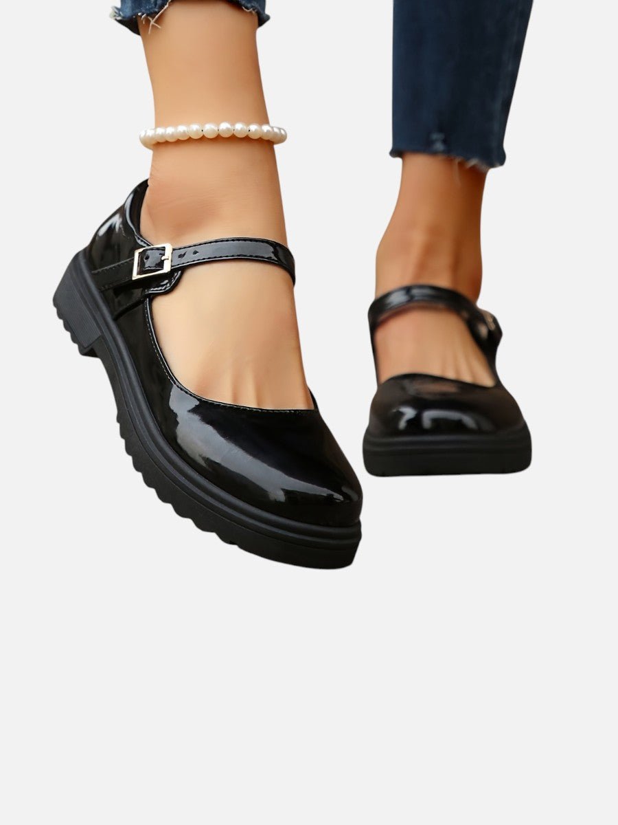 Sienna | Women's Glossy Patent Mary Jane Flat Loafer Boots Buckle Strap