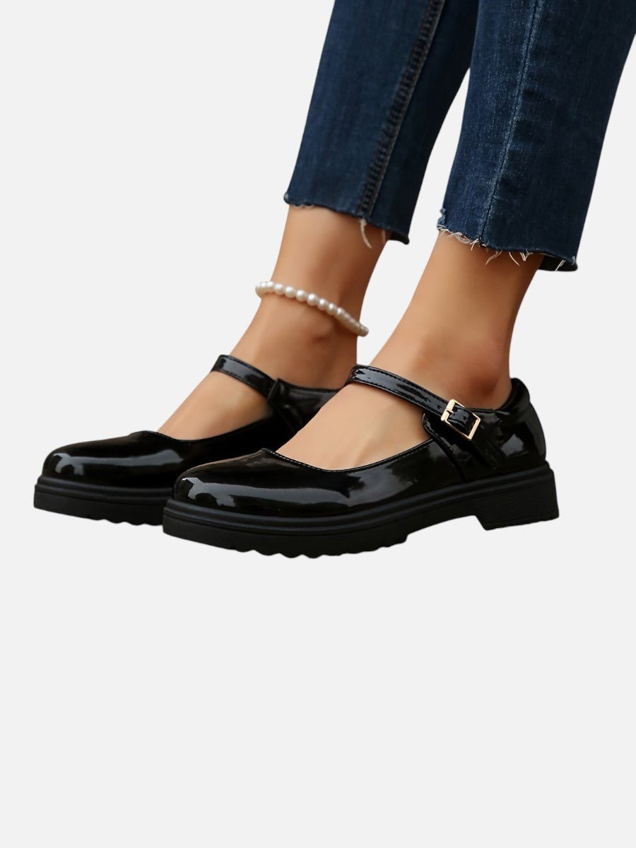 Sienna | Women's Glossy Patent Mary Jane Flat Loafer Boots Buckle Strap