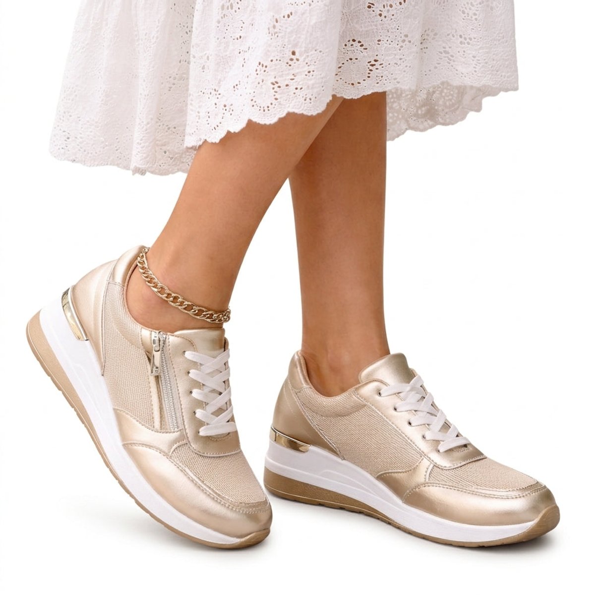 Ava | Women's Gold Metallic Lace-Up Wedge Platform Trainers