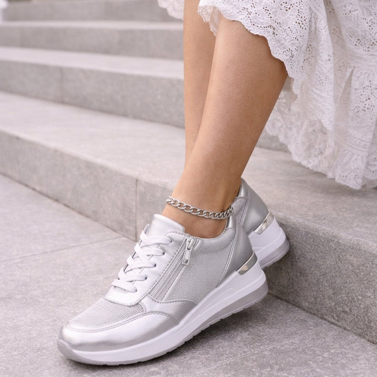 Ava | Women's Gold Metallic Lace-Up Wedge Platform Trainers