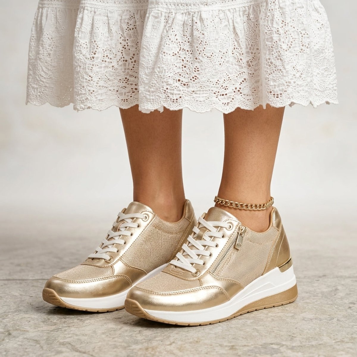 Ava | Women's Gold Metallic Lace-Up Wedge Platform Trainers