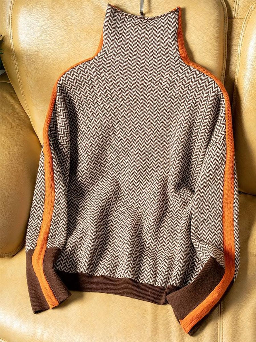 Isla | Women's Herringbone Oversized Turtleneck Sweater Contrast Trim