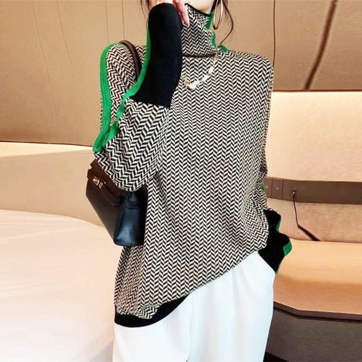 Isla | Women's Herringbone Oversized Turtleneck Sweater Contrast Trim